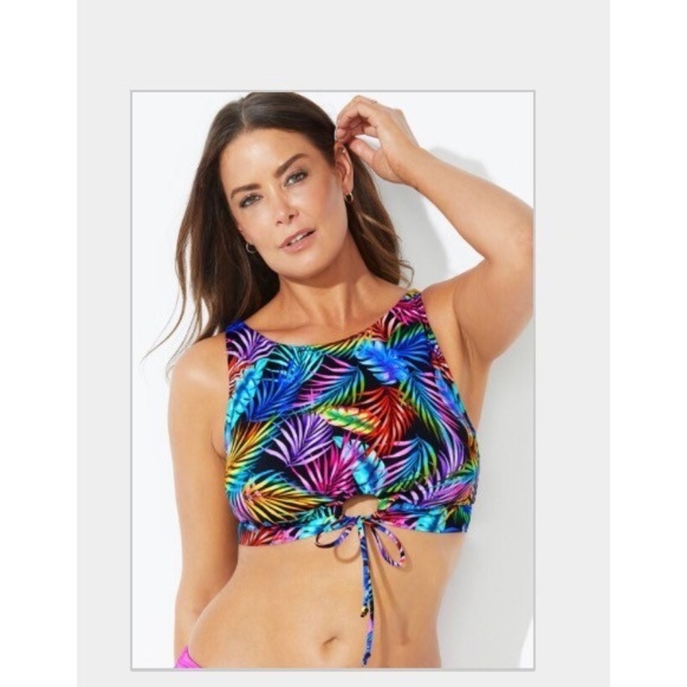 Swimsuits for All Lace Up High Neck Bikini Top Tropical Leaf Colorful Sz 12